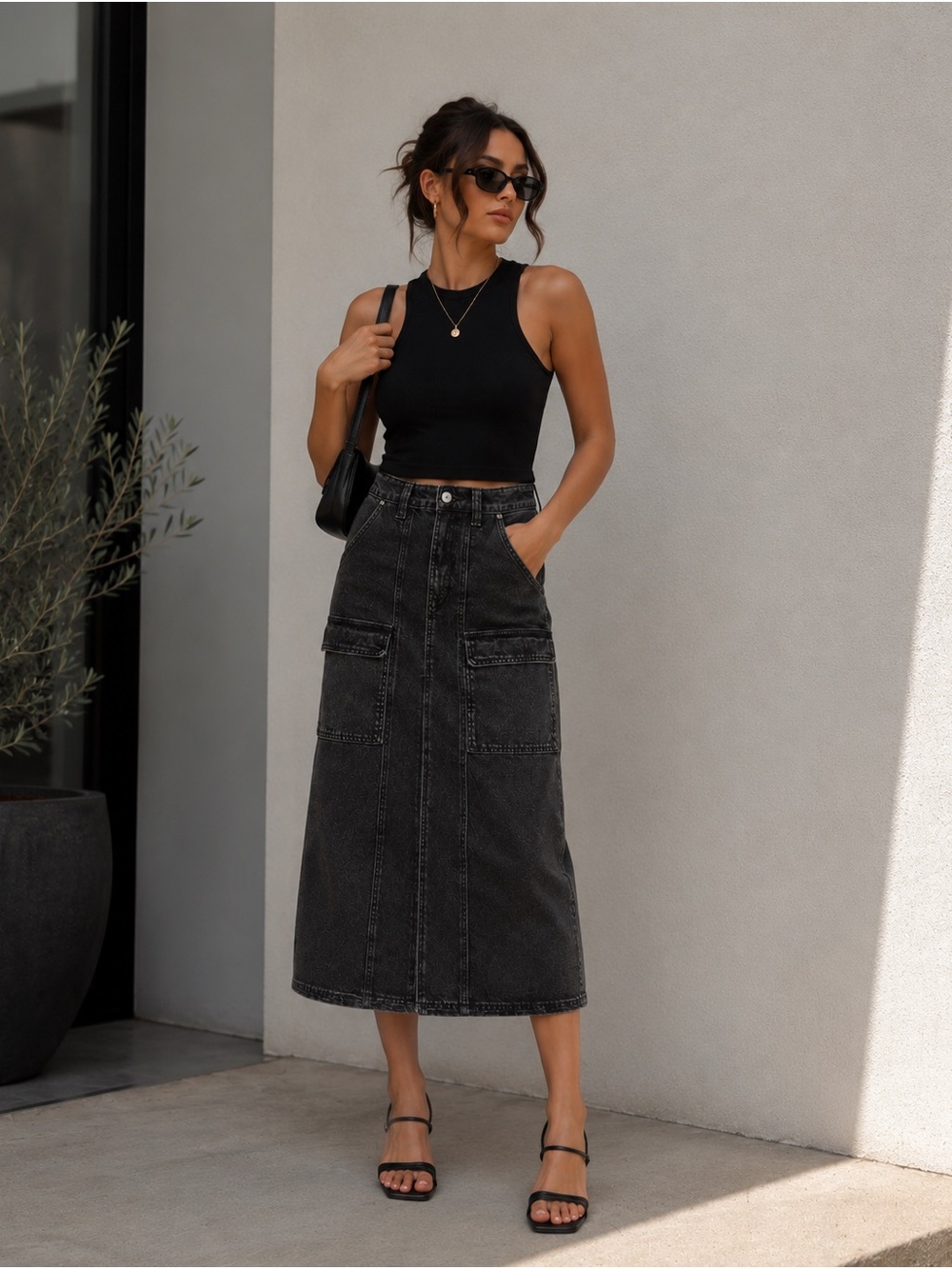Sincerely Jules Black Washed Denim Midi Skirt